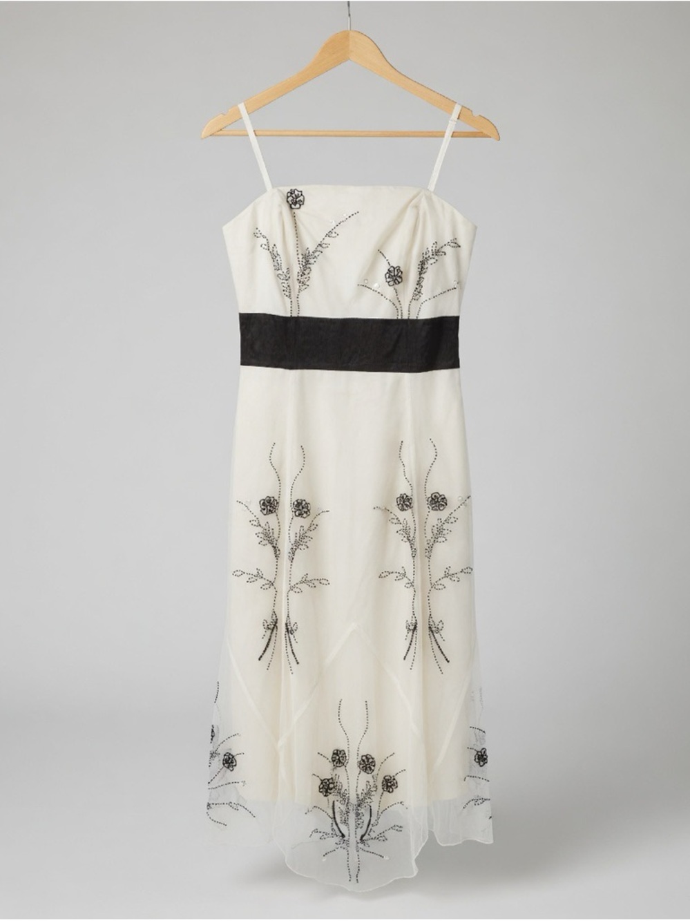Strapless Ivory A-Line Dress with Black Waistband and Floral Embroidery